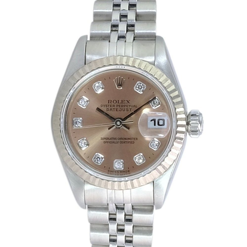 ROLEX DATEJUST SALMON DIAMOND DIAL 18KW FLUTED STEEL JUBILEE WATCH 26 MM 69174